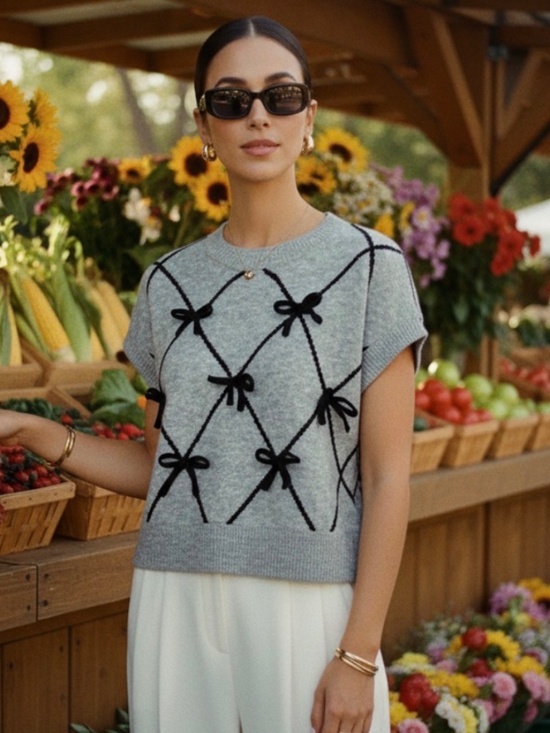 Tops - Classic Bow Detail Round Neck Batwing Sleeve Knit top